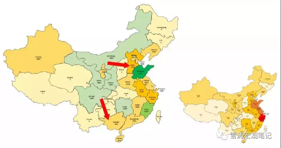 山东,江苏,河南,安徽等地区的化纤产出占比下降,产出向占比最高的浙江图片